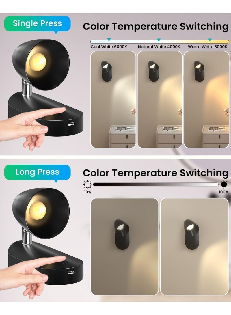 لياوسيسي مصباح جداري مغناطيسي قابل لإعادة الشحن LED للقراءة مع تركيب على الجدار، ضوء للمكياج قابل للدوران، 3 ألوان قابلة للتعتيم، ضوء داخلي يعمل بالبطارية، إضاءة تسليط لاسلكية مع مؤقت لغرفة النوم بجانب السرير، غرفة المعيشة، النباتات والأعمال الفنية - اللون الأسود - Image 2